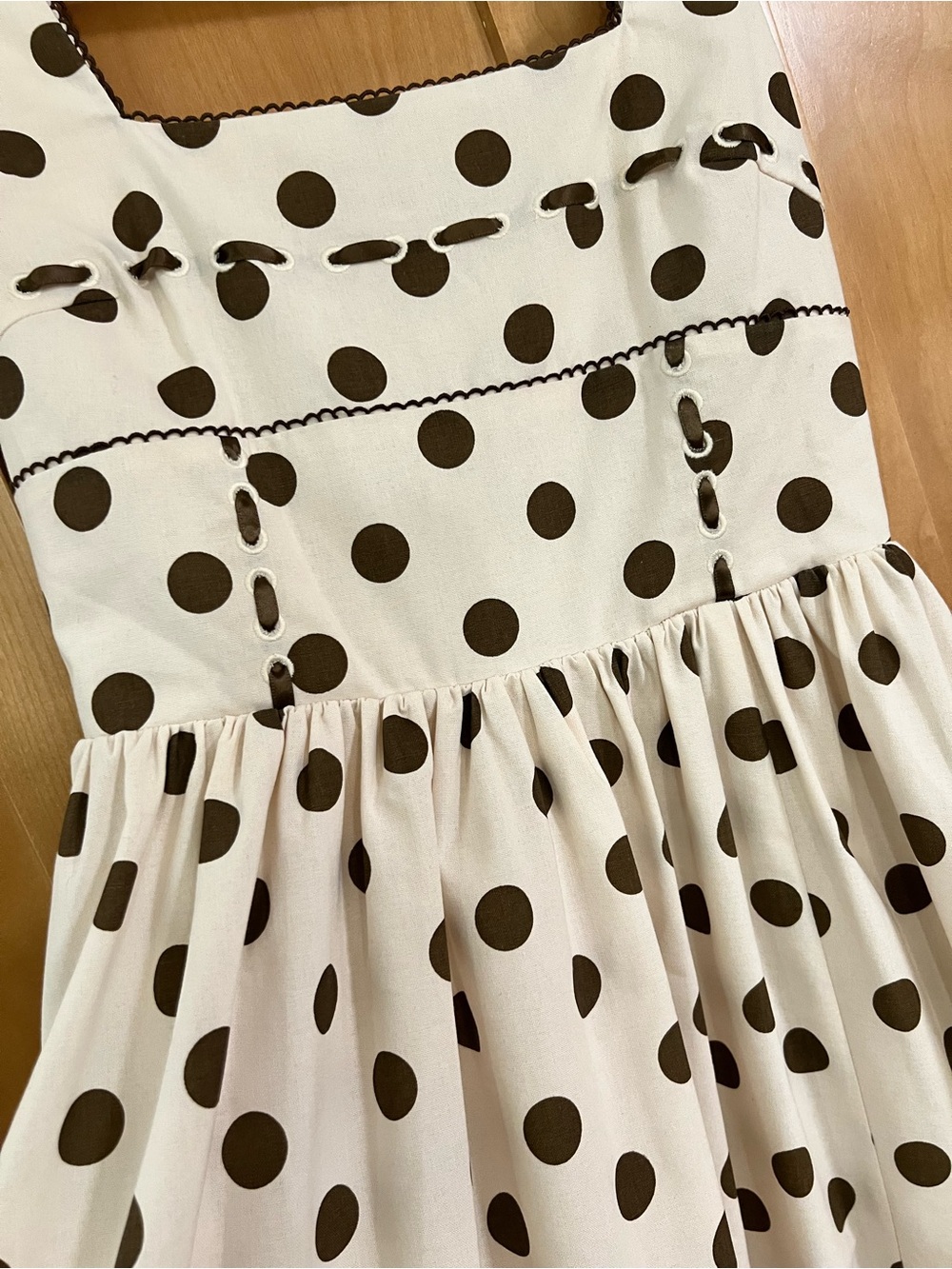 Jacqui E Cream Dress with Brown Polka Dots - Picture 3 of 7